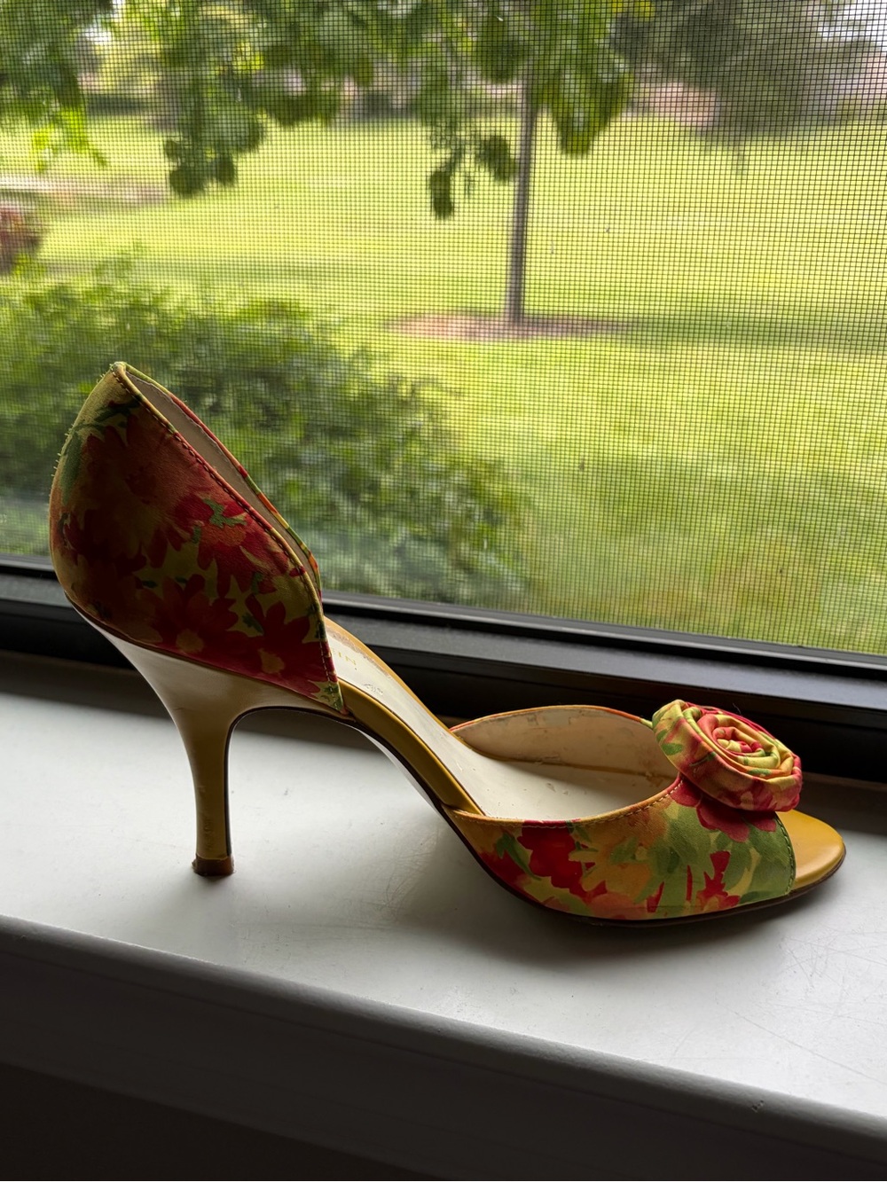 Anne Klein Floral Open-Toe Heel in Yellow and Red